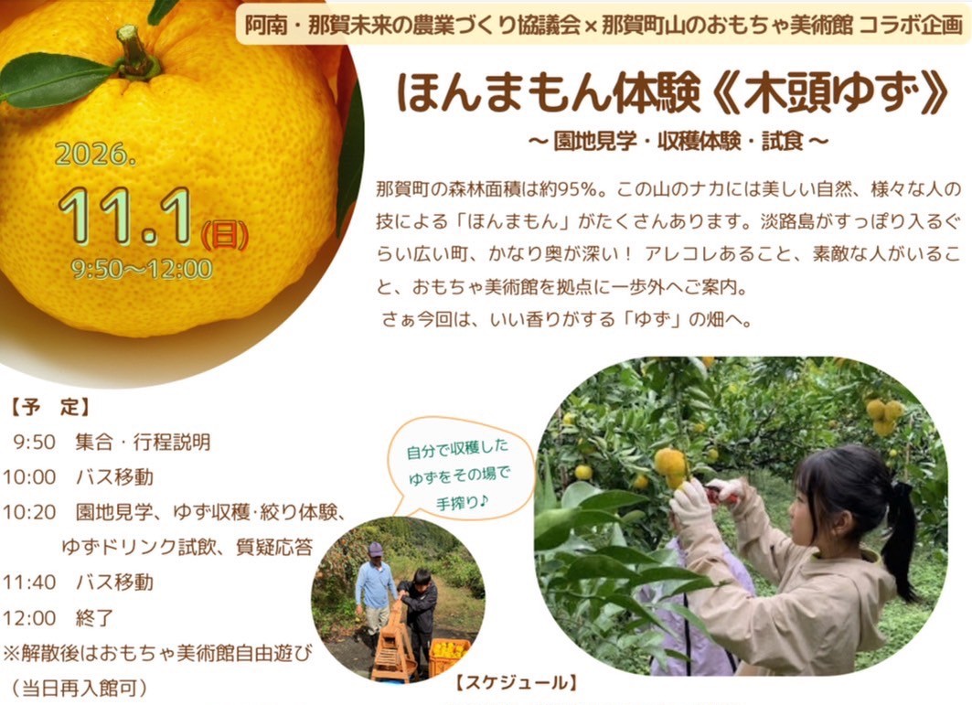 11/1(日)木頭ゆずを丸かじり?那賀町山のおもちゃ美術館ほんまもん体験